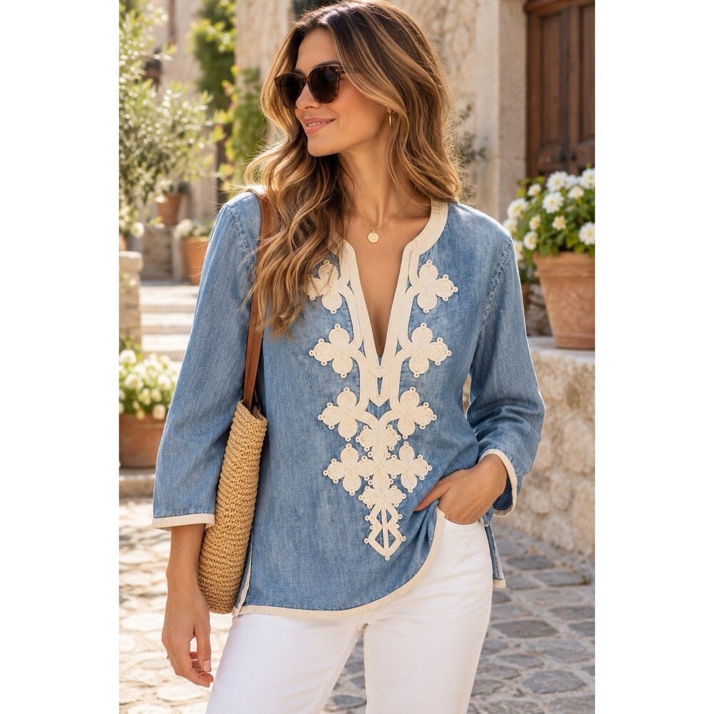 J.Crew Denim Tunic Top Women’s Size 6 Embroidered Chambray Boho Festival Peasant
